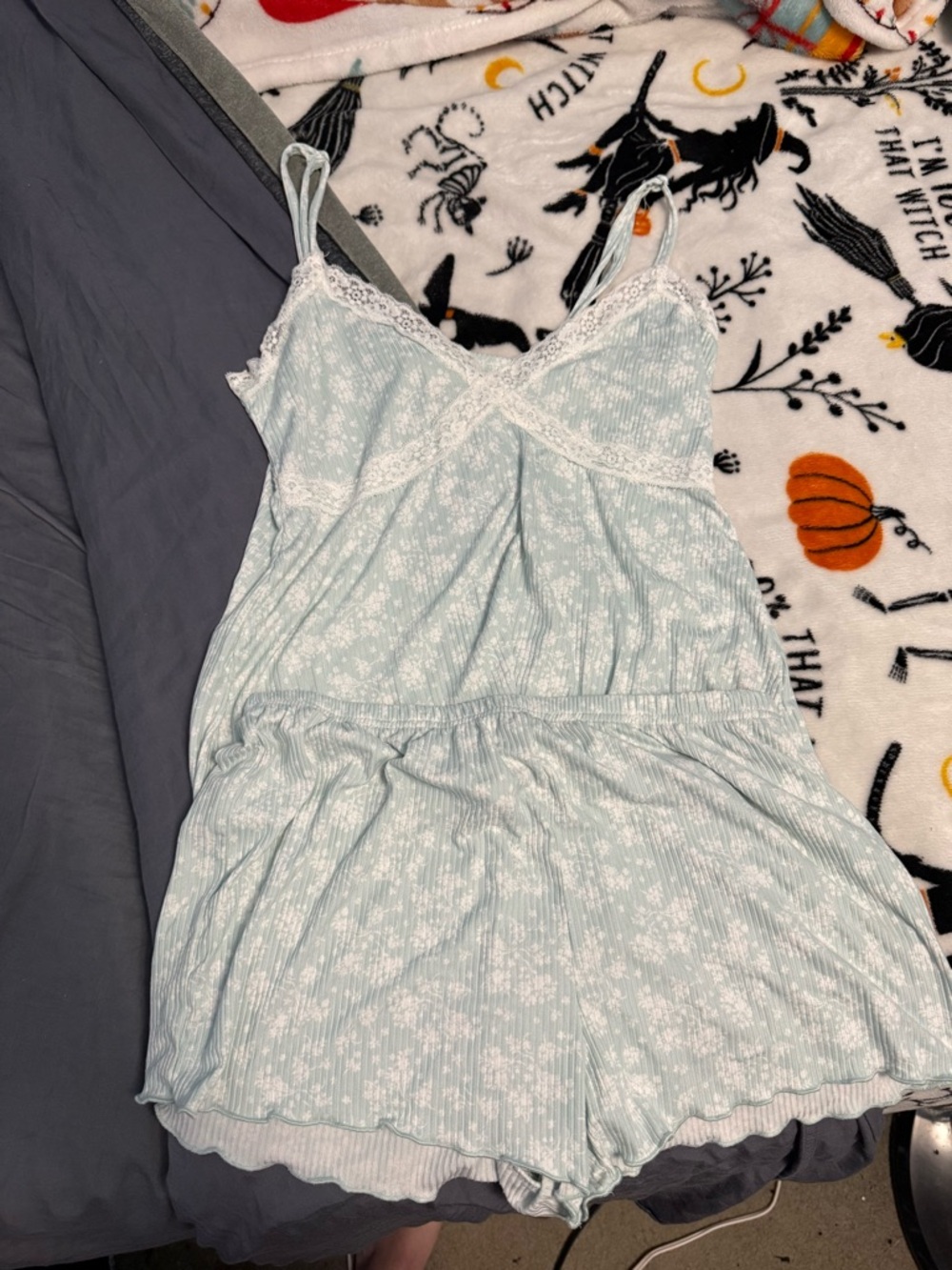 Laura Ashley Light Blue Floral Lace-Trim Cami Romper